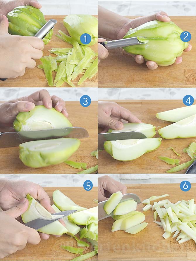 step by step photo how to cut and peel chayote
