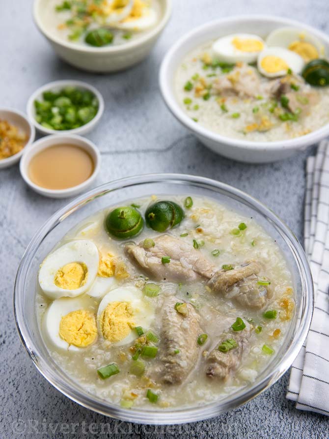chicken arroz caldo with toppings