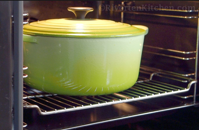caldereta in cast iron pot baked in oven