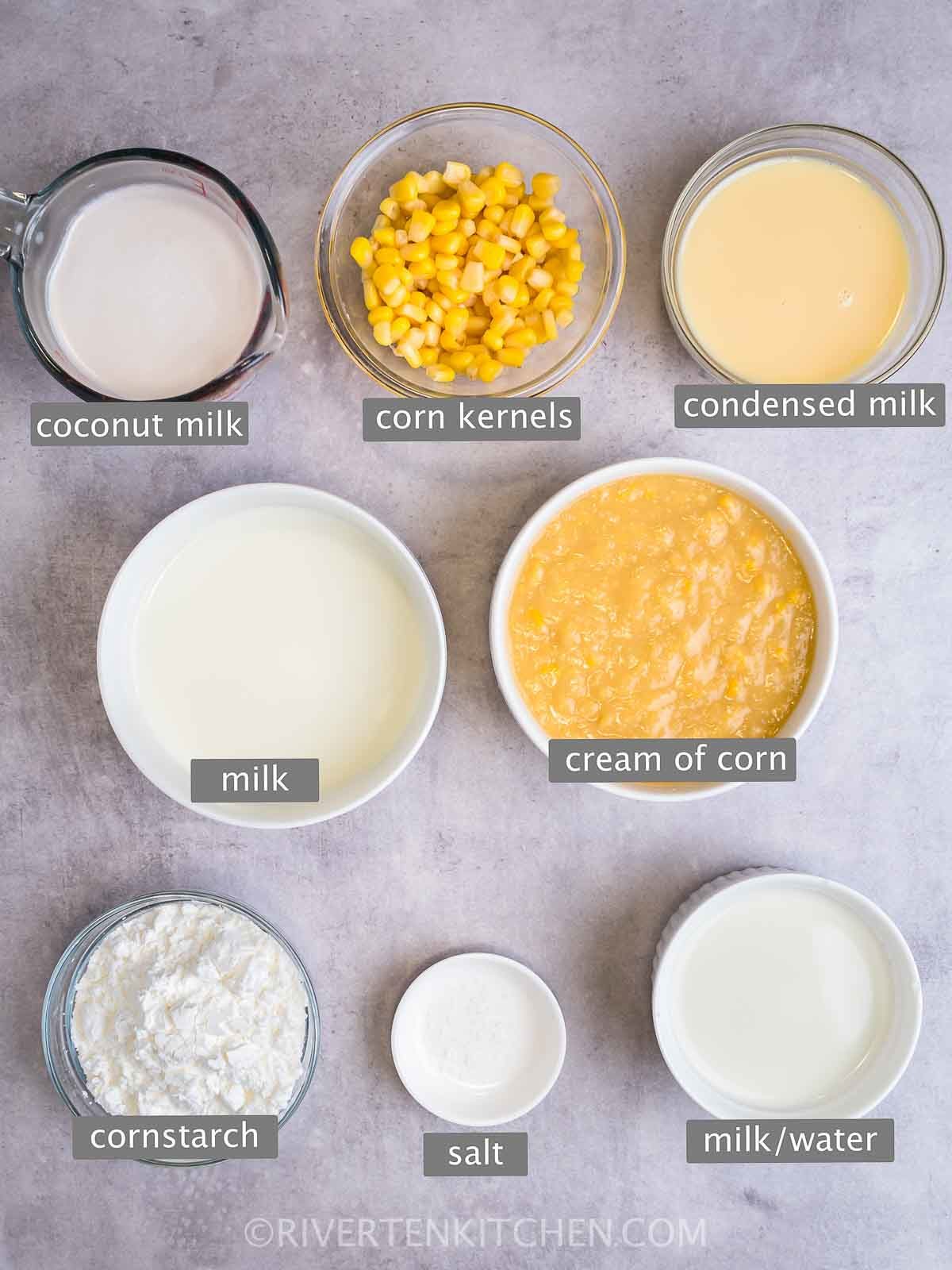 Corn, coconut milk, evaporated milk, fresh milk, condensed milk, cornstarch