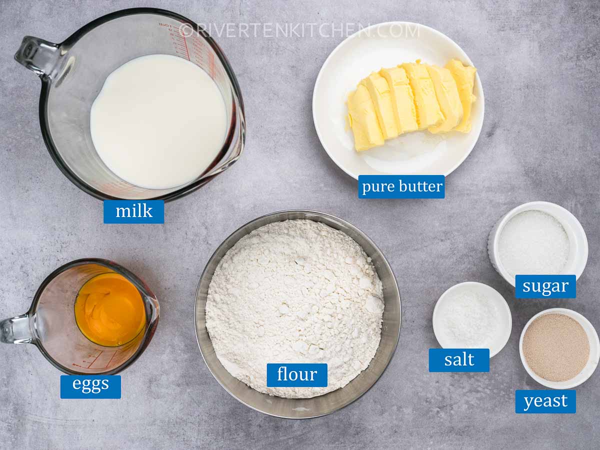 Dough Ingredients - flour, butter, eggs, yeast, milk, salt