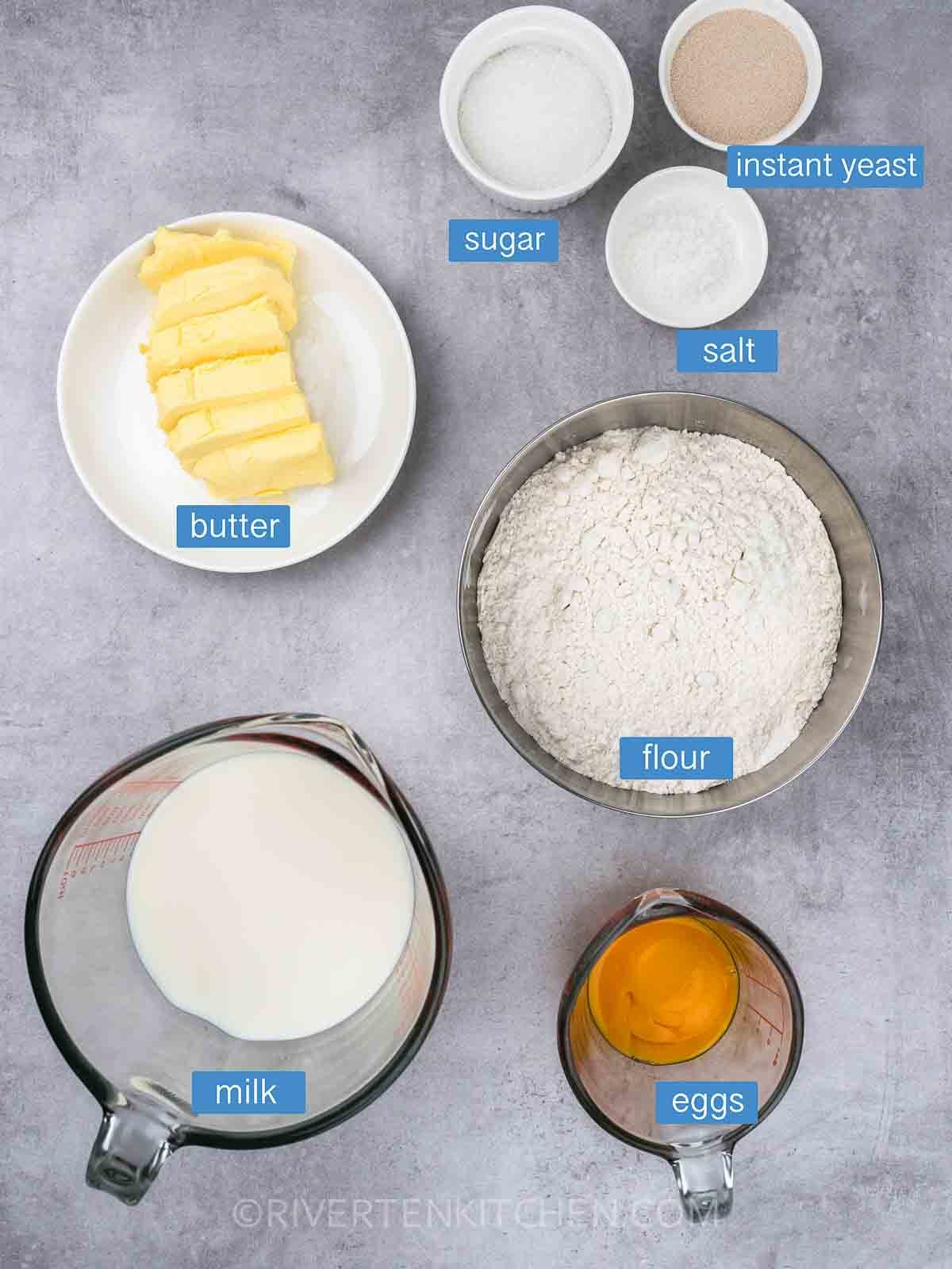 dinner rolls ingredients-butter-flour-eggs-yeast-milk