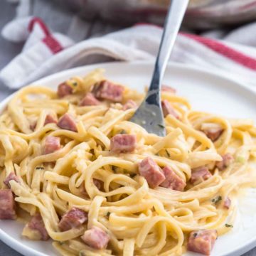 Creamy ham and cheese pasta on a plate