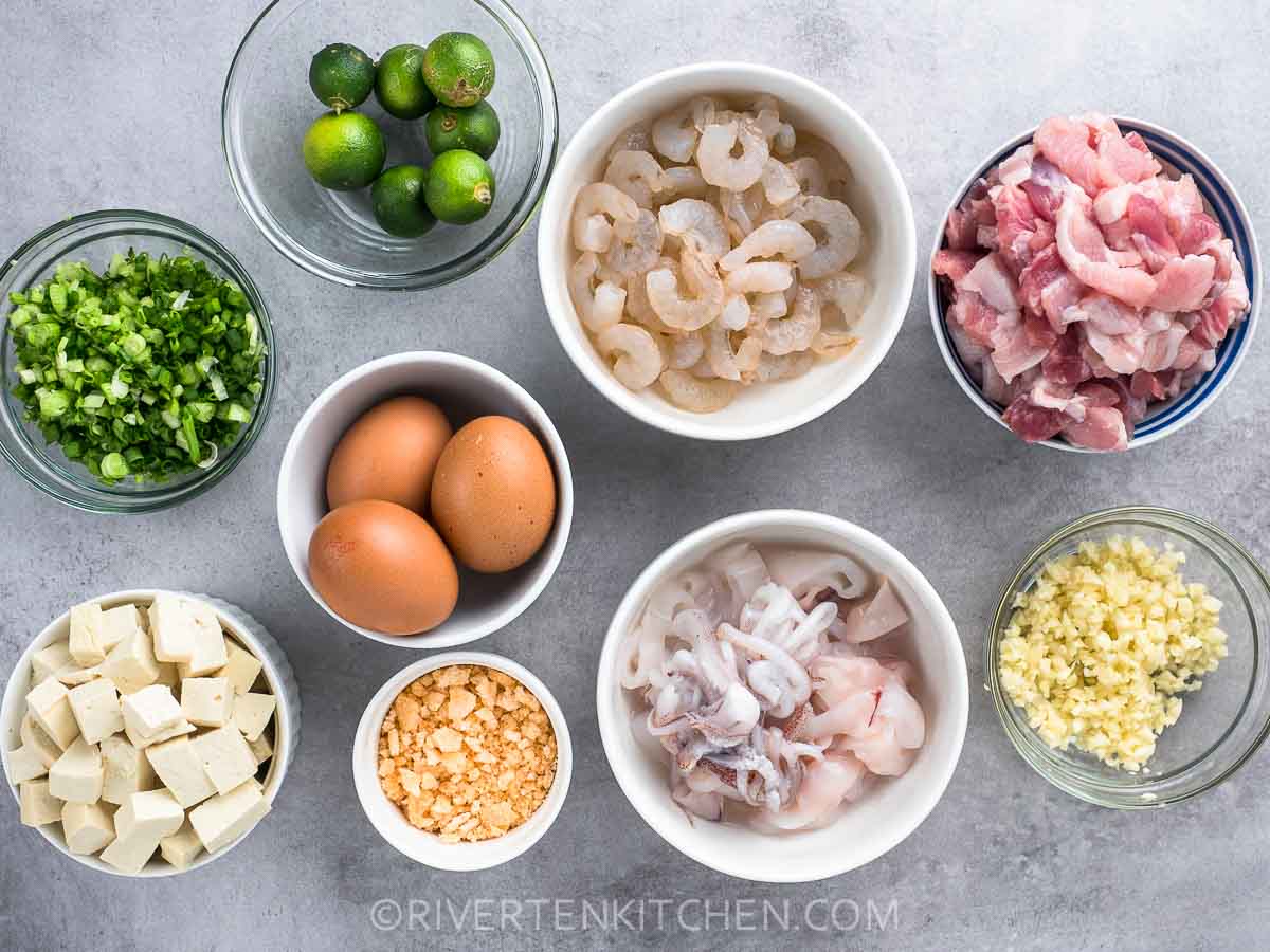 Palabok Toppings - egg, calamansi, garlic, tofu, green onions, pork and chicharon