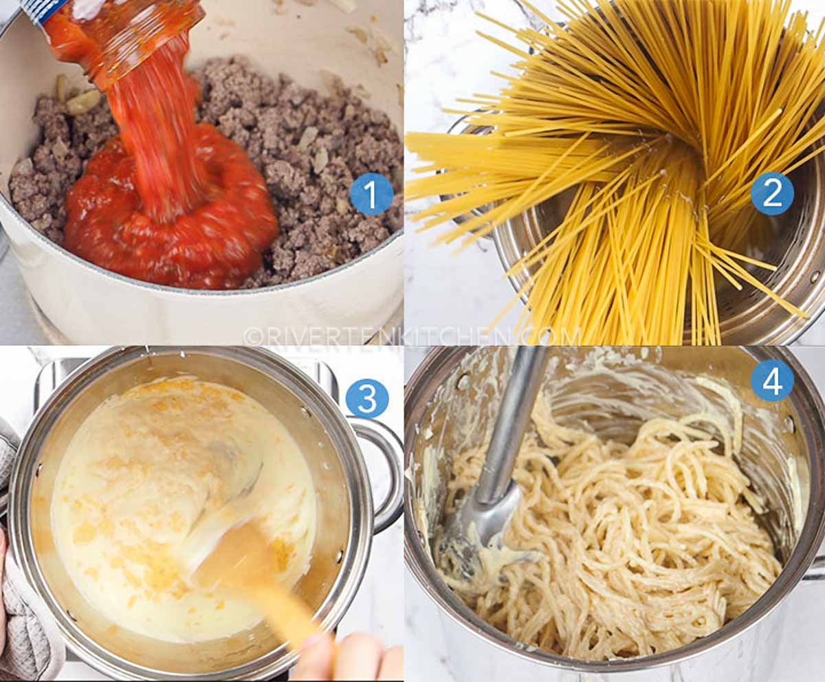 steps on how to make meat sauce for baked spaghetti, cream cheese sauce for baked spaghetti