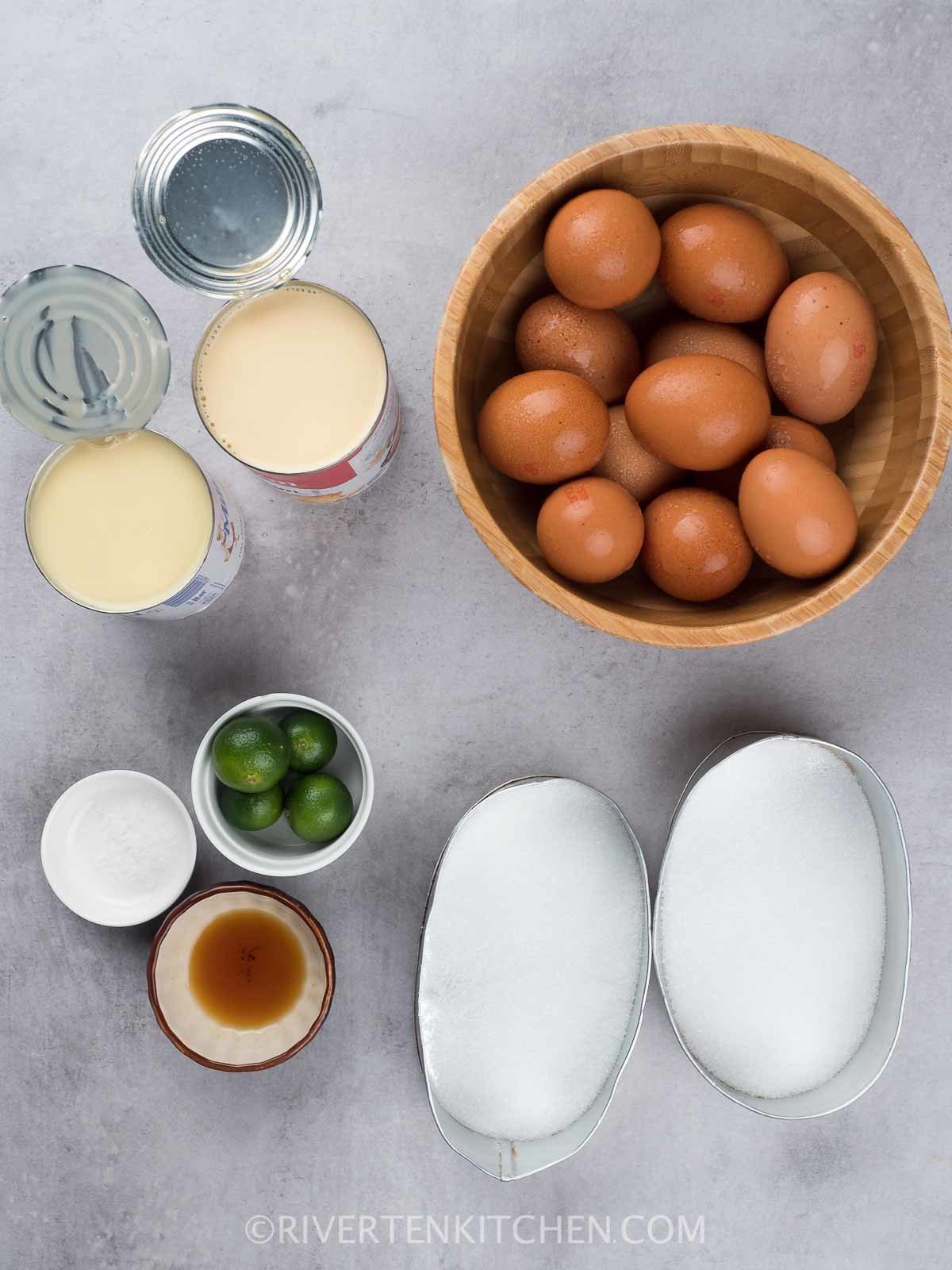 Leche Flan Ingredients - evaporated milk, condensed milk, eggs, sugar, vanilla, salt