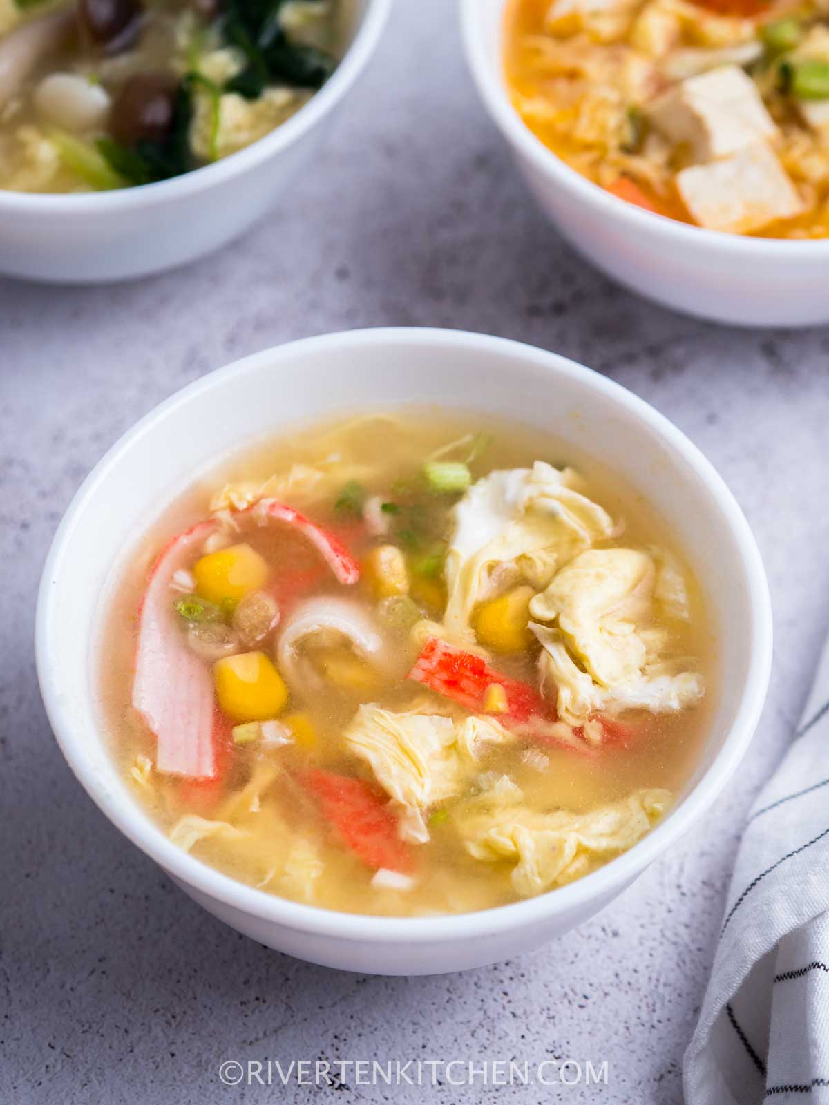 egg soup with crab sticks and corn kernels