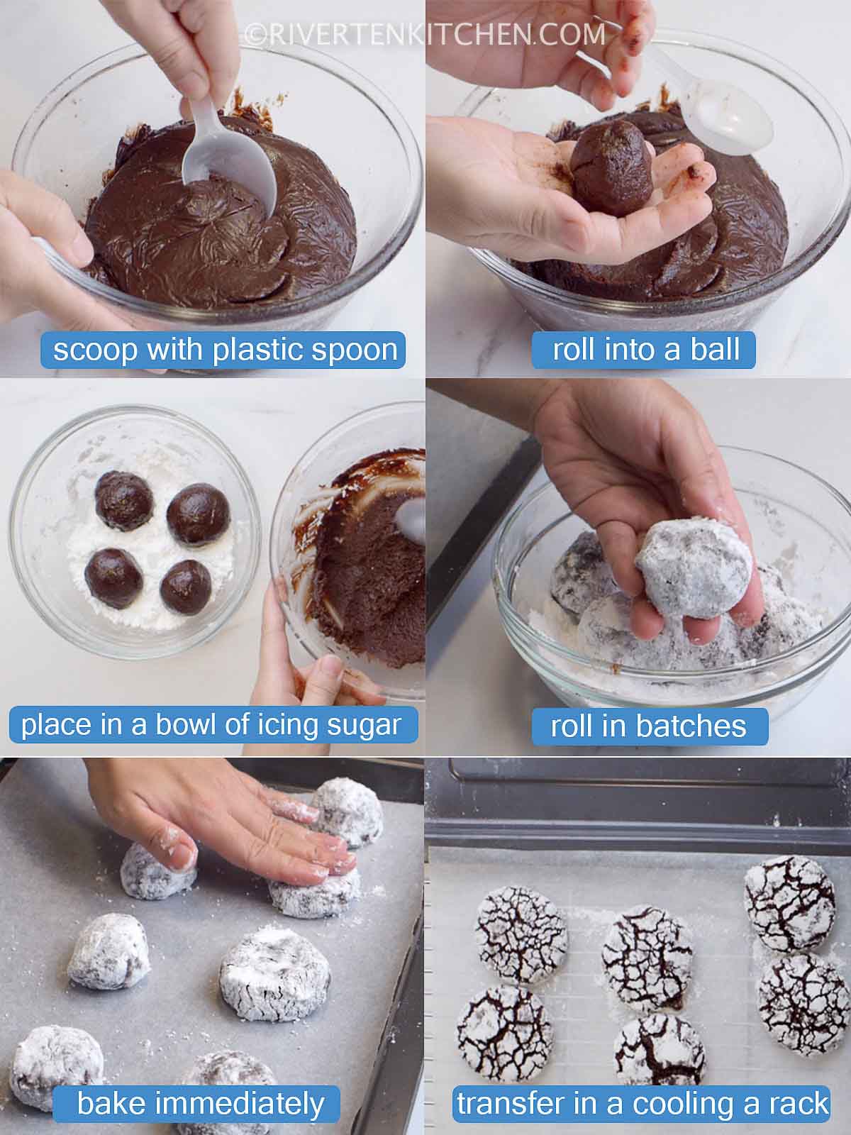 step by step photos on how to shape chocolate crinkle cookie