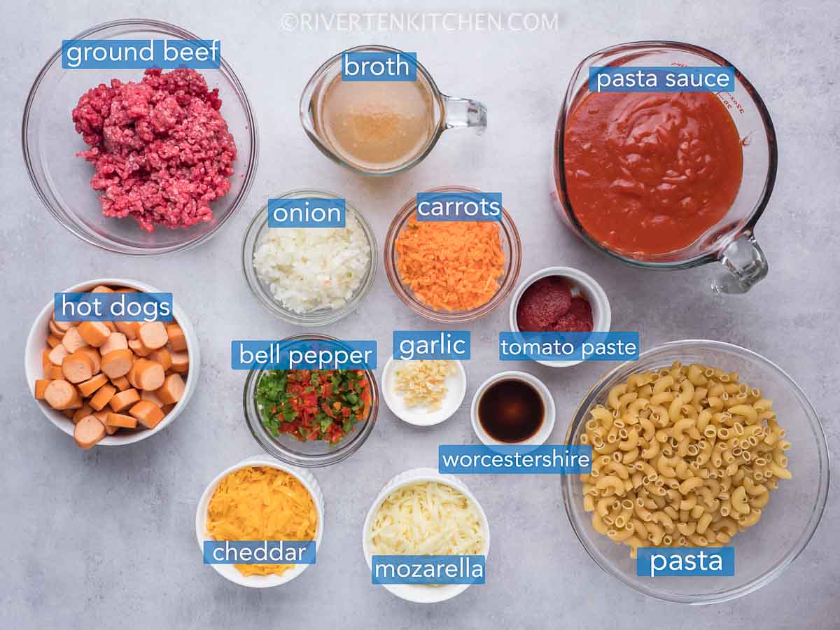 ingredients - ground beef, hot dog, marinara sauce, macaroni, cheese
