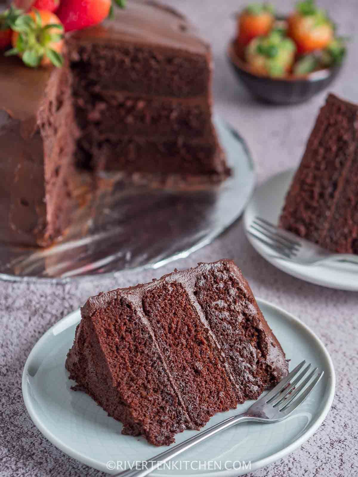 slice of layered chocolate cake