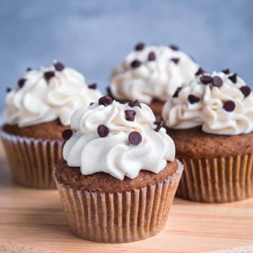 mocha flavored cupcake with whipped cream frosting