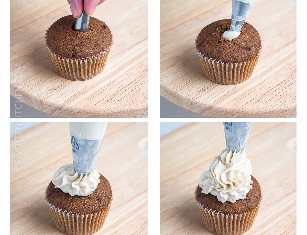 steps on how to fill and frost cupcake
