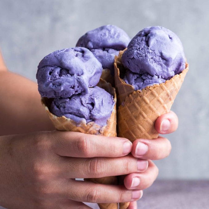 Ube Flavored Ice Cream in cone