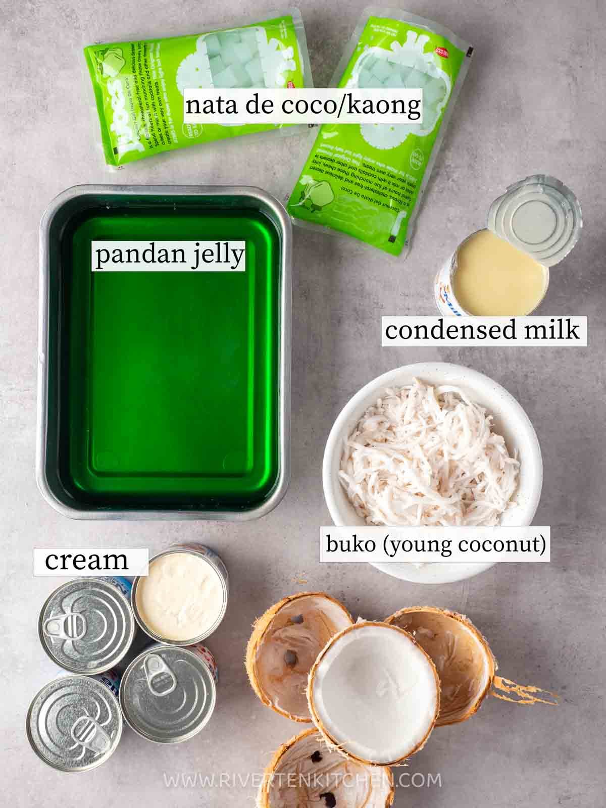 pandan jelly, cream, condensed milk, coconut