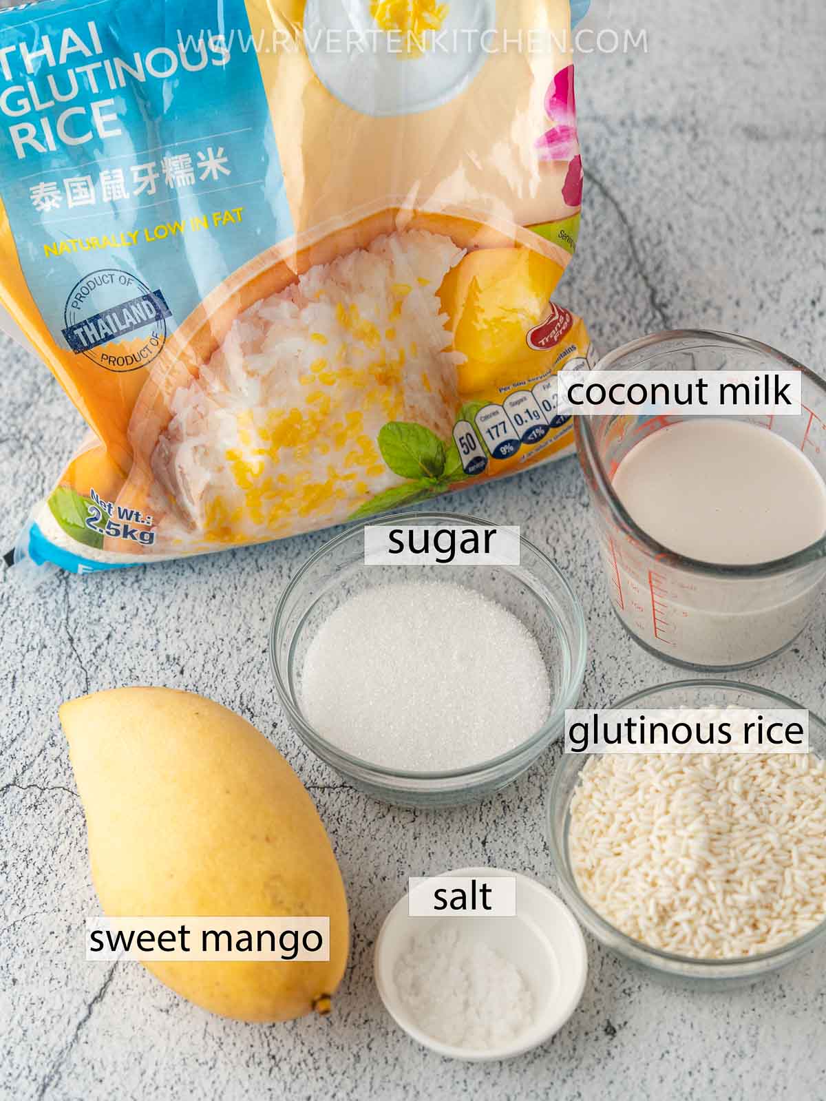 glutinous rice, coconut milk, sugar, salt and ripe mangoes