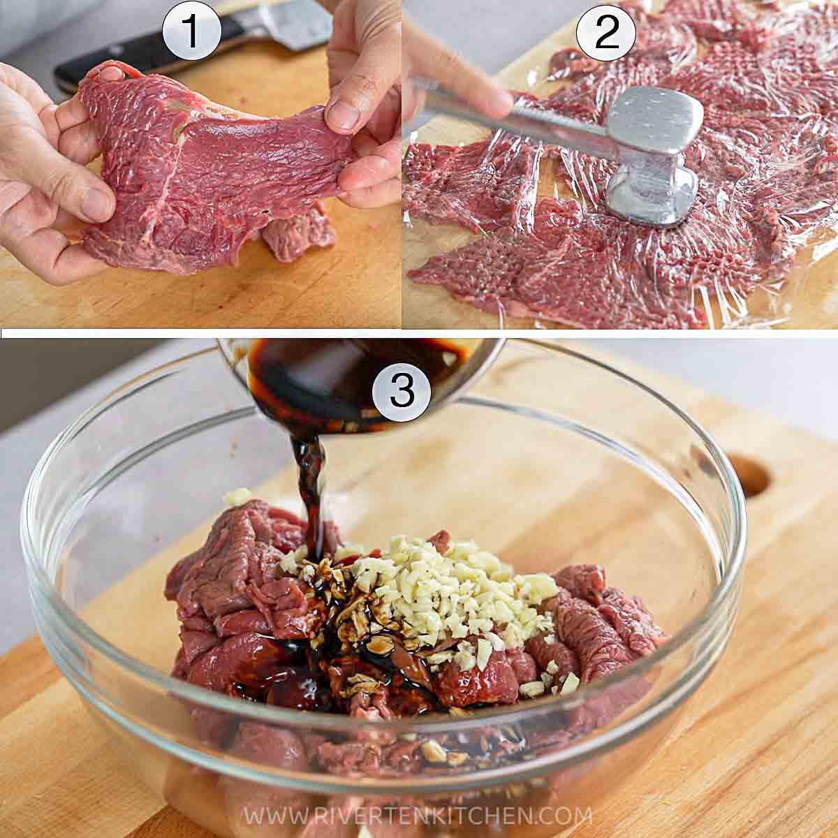 Step on how to prepare and slice beef for Bistek Tagalog