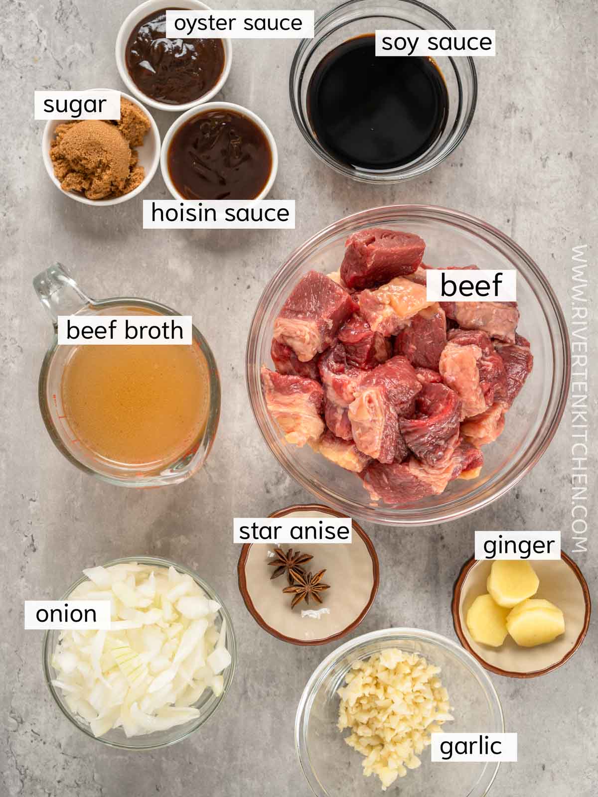 beef, onion, garlic, beef broth, oyster sauce, hoisin sauce, ginger