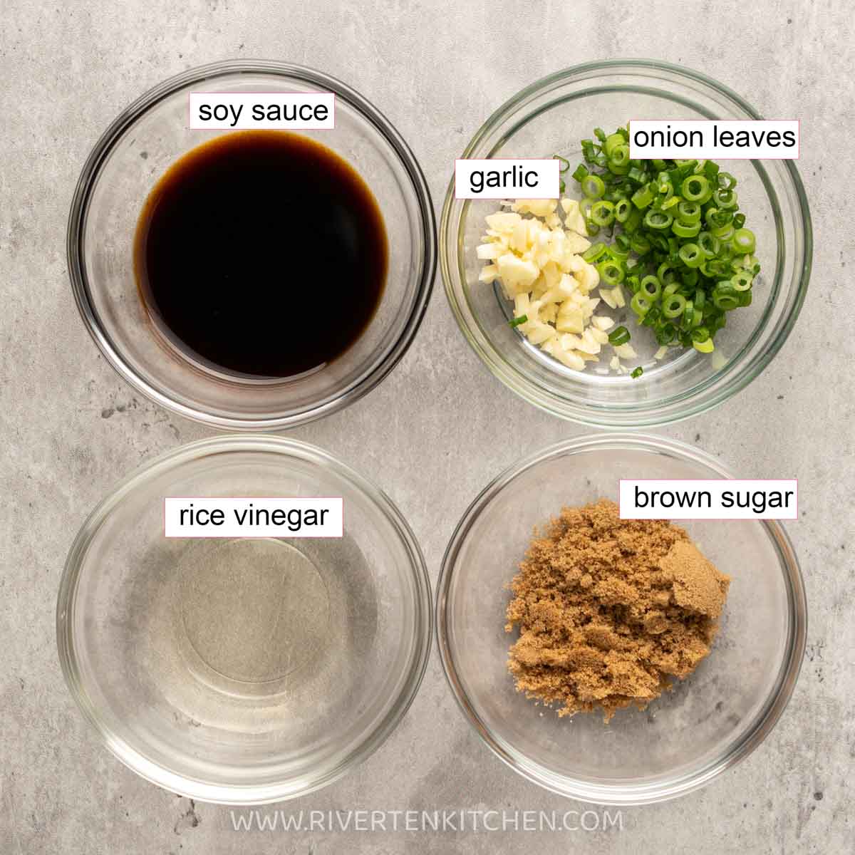 soy sauce, rice vinegar, garlic, scallions or green onions and brown sugar