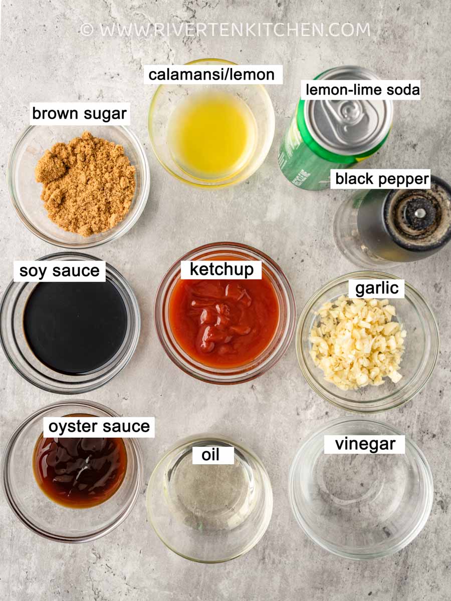 ketchup, soy sauce, vinegar, lemon, soda, garlic, brown sugar