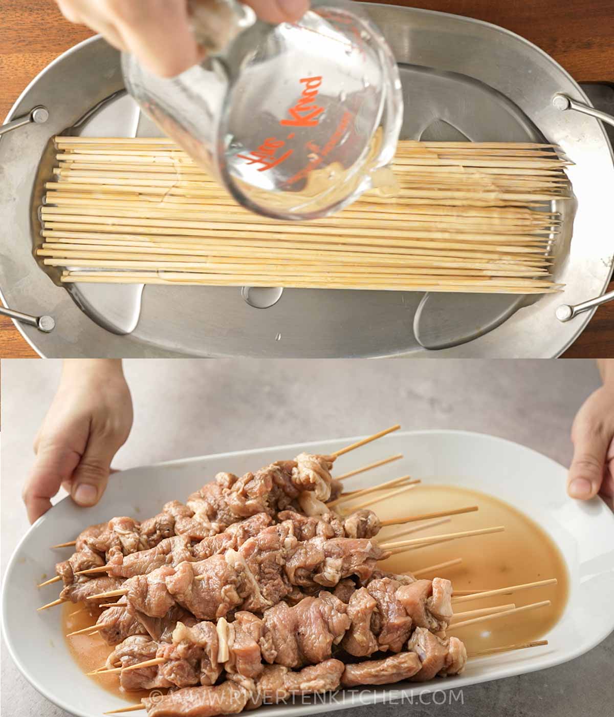 bamboo skewers and marinated pork