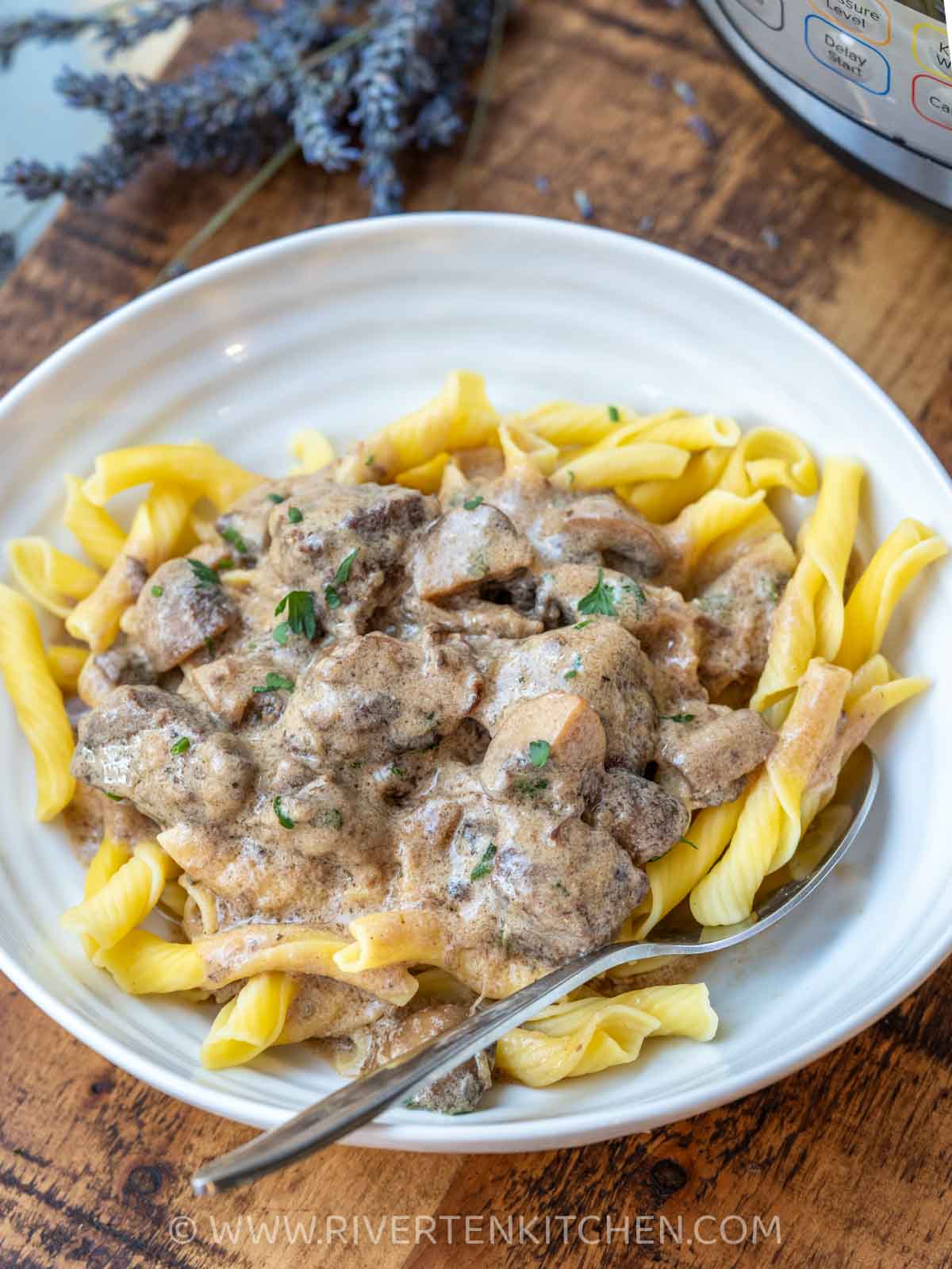 egg noodles pasta with beef stroganoff cooked in an instant pot