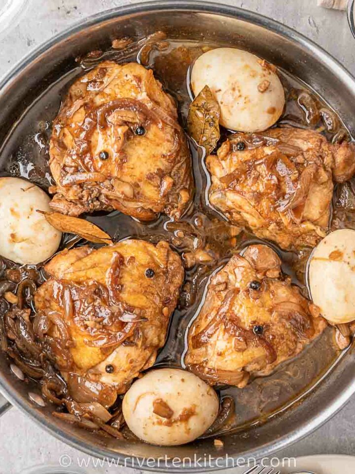 chicken thighs braised in soy sauce, vinegar, garlic, and onion. Serve with boiled eggs.