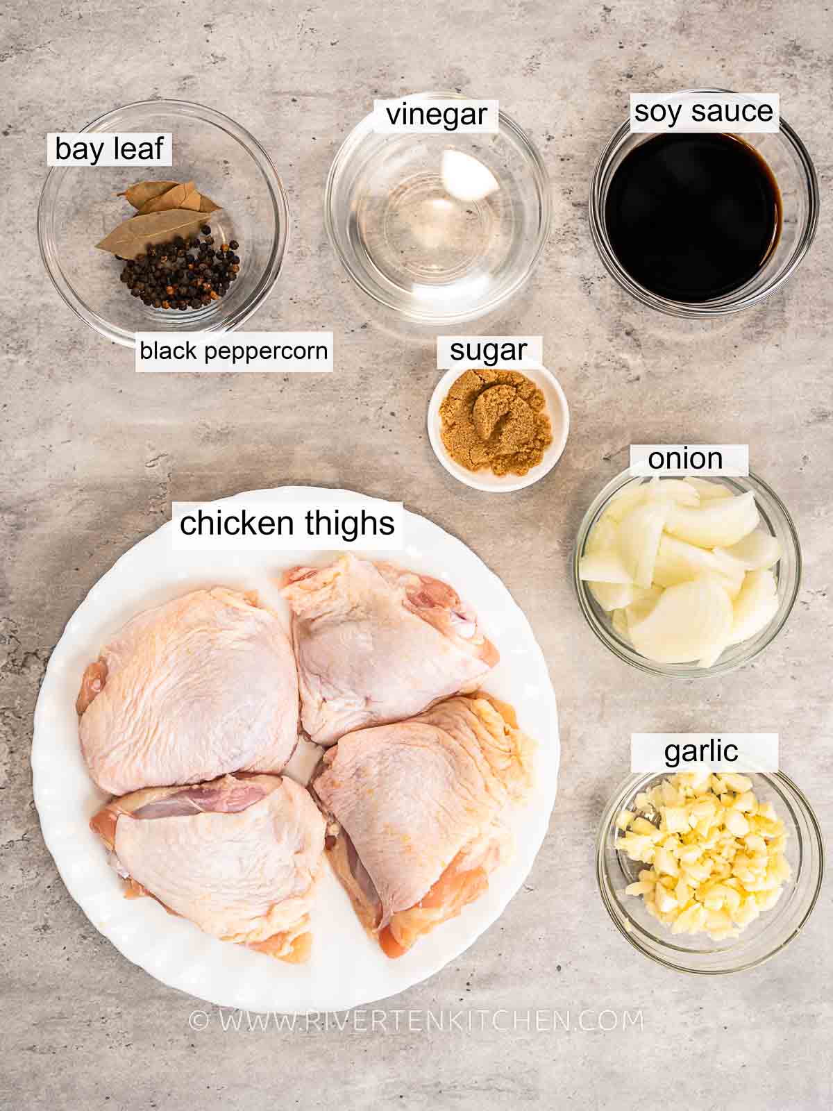 Chicken thighs, soy sauce, vinegar, onion, garlic, black peppercorn