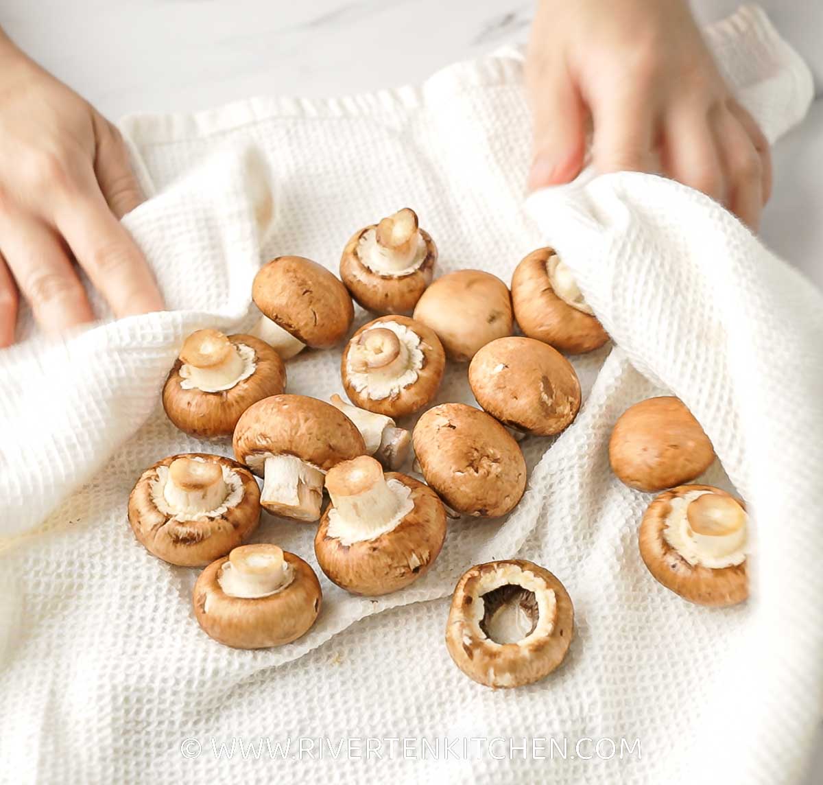 dry mushrooms in tea towel, kitchen towel