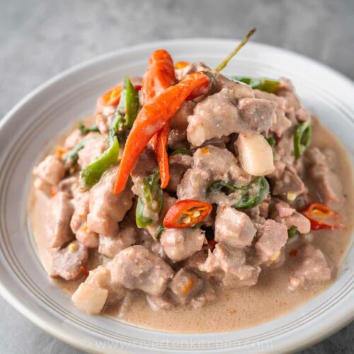 A Filipino dish called Bicol express. It's a spicy pork in coconut milk with red and green chilies.