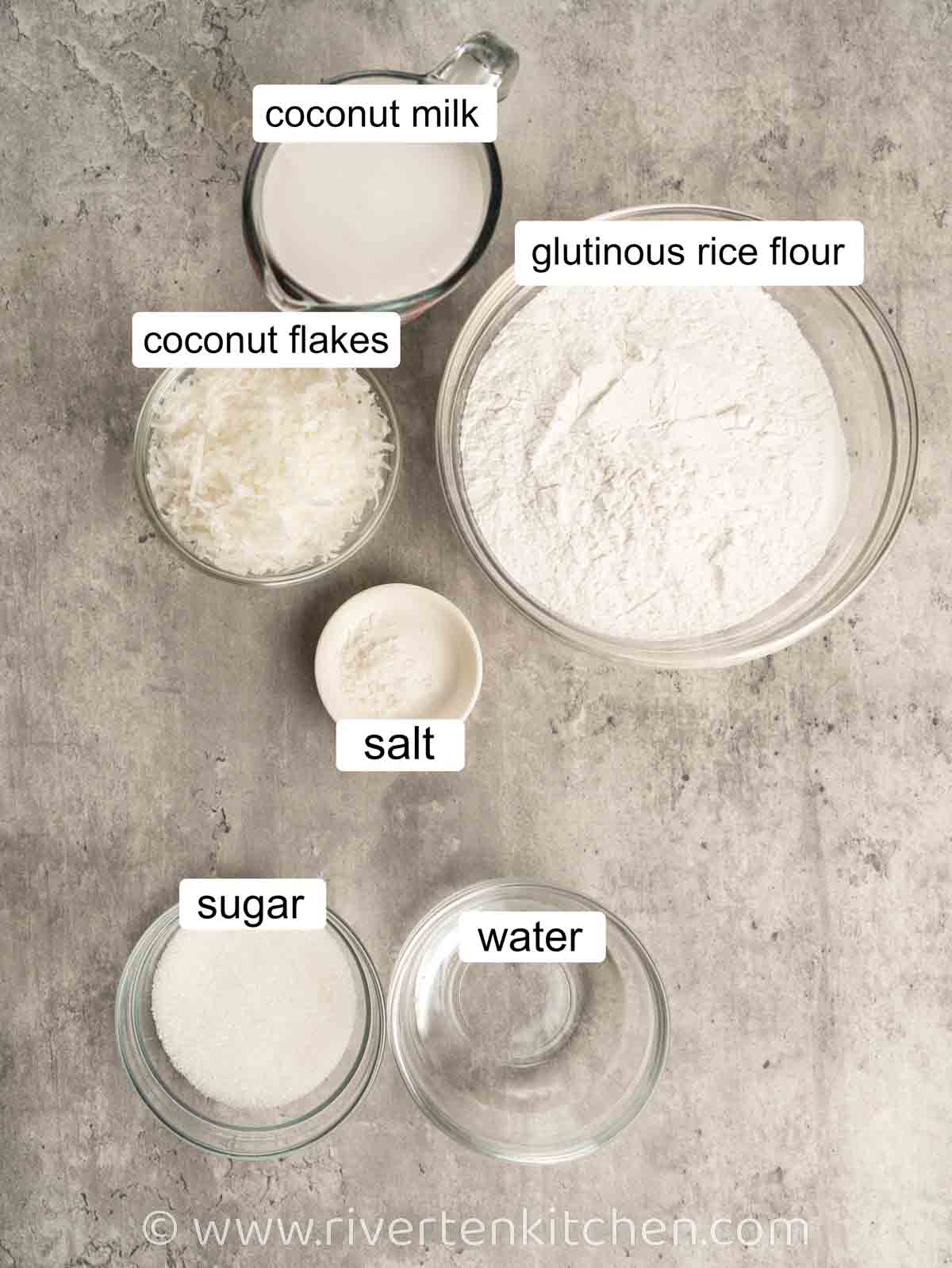 coconut milk, glutinous flour, coconut flakes, salt, sugar and water