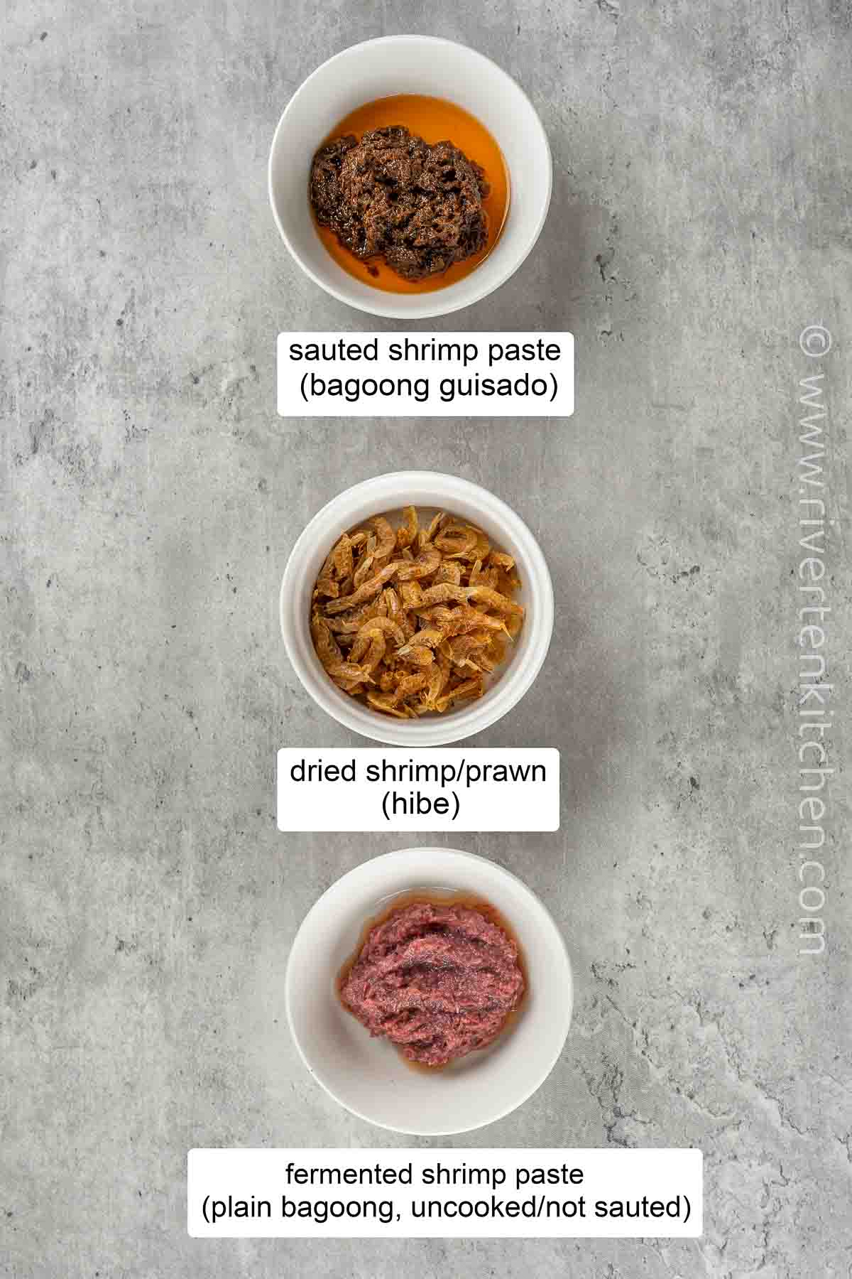 Different kinds of shrimp paste called bagoong alamang in the Philippines.
