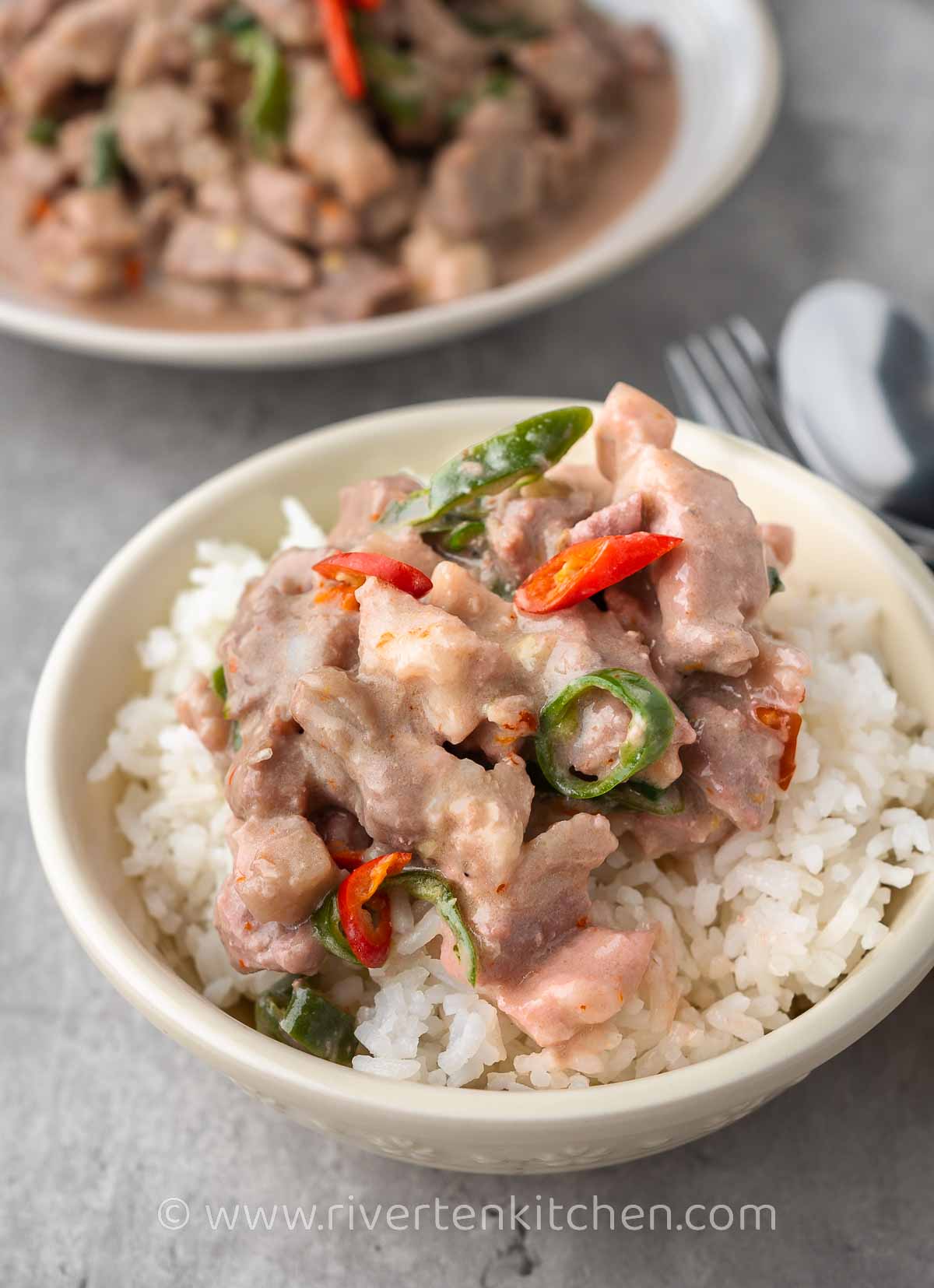 Bicol express served with white rice.