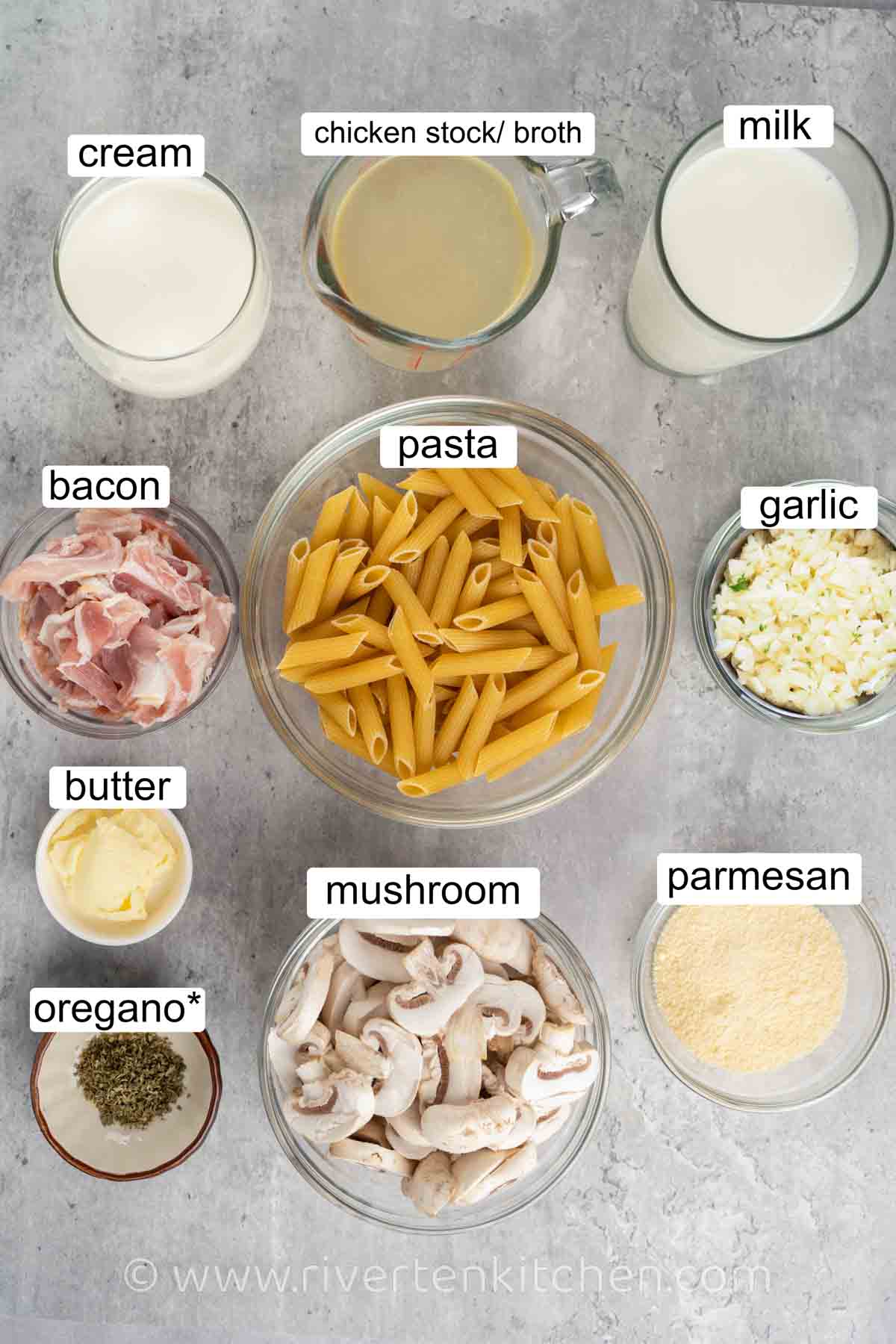 cream, pasta, chicken stock, mushroom, bacon, garlic and milk