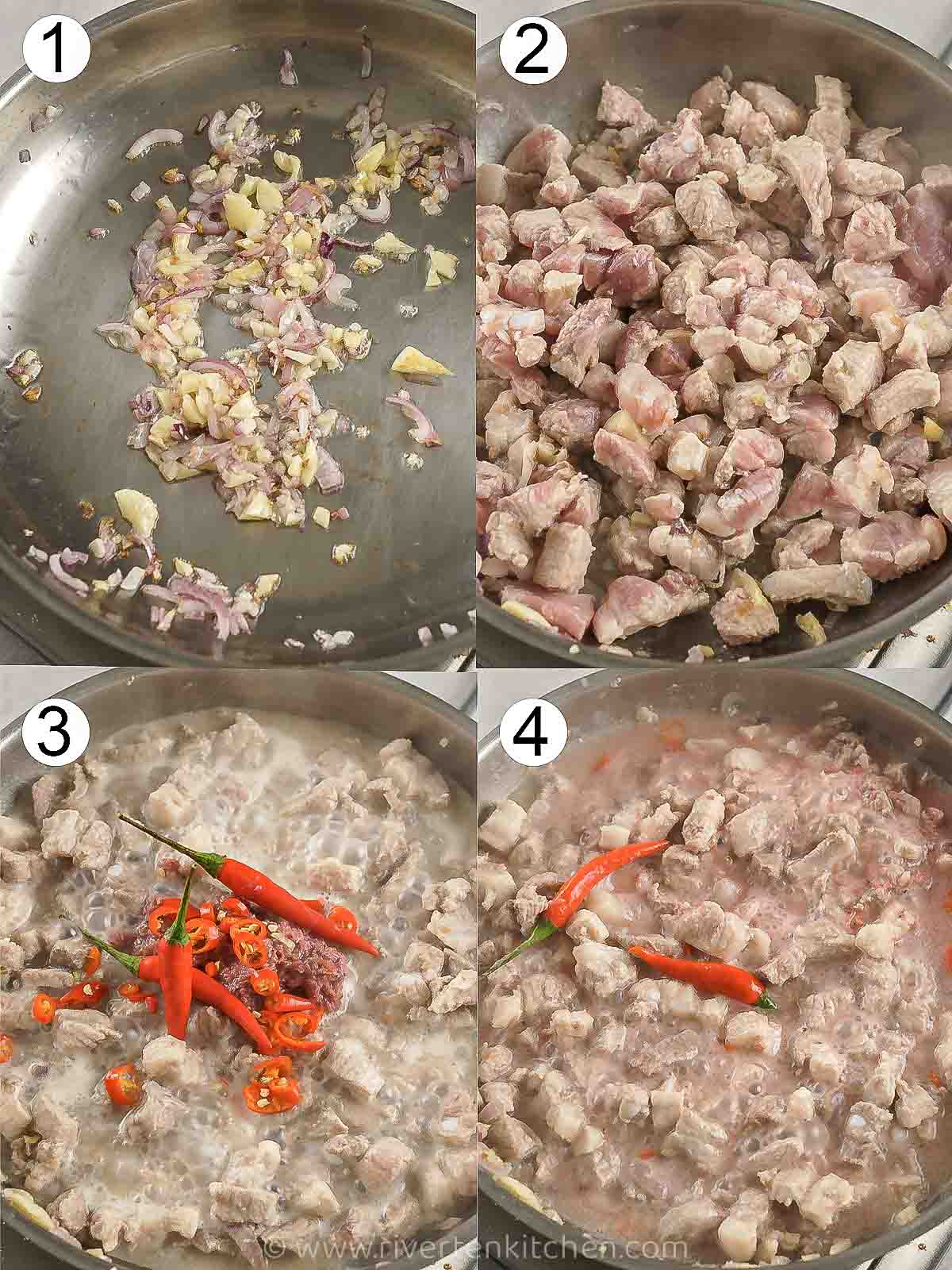 step-by-step process on how to cook pork in coconut milk and chilies.