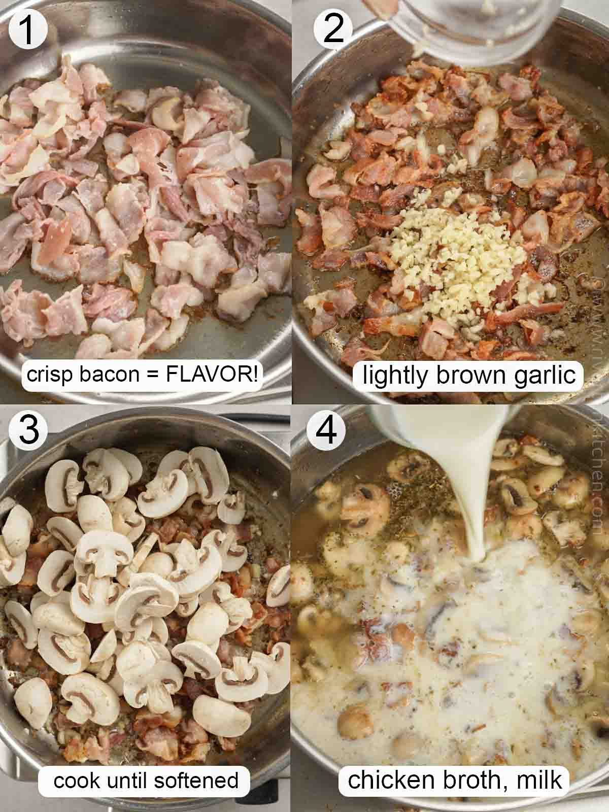 step-by-step process on how to make creamy garlic pasta with bacon