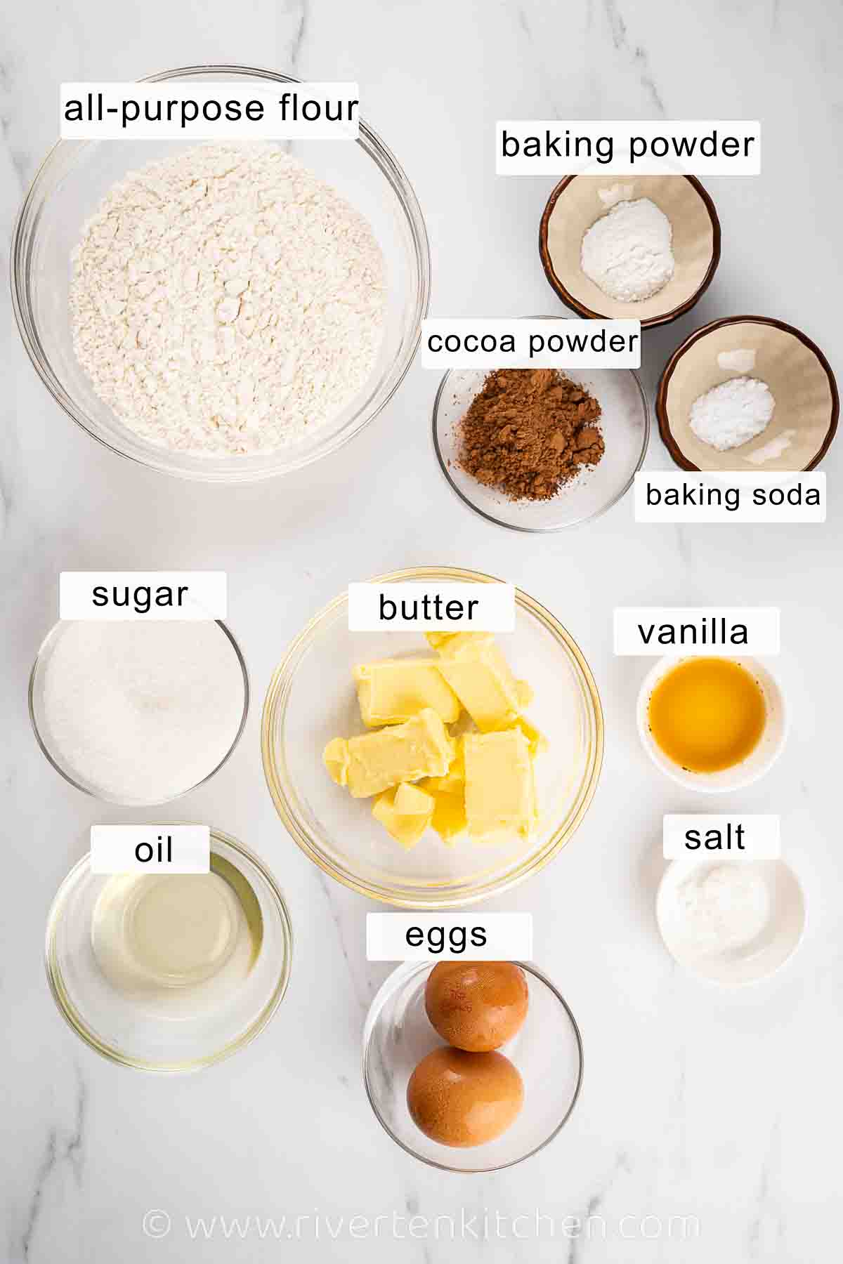 flour, cocoa powder, eggs, baking powder, baking soda, oil, sugar