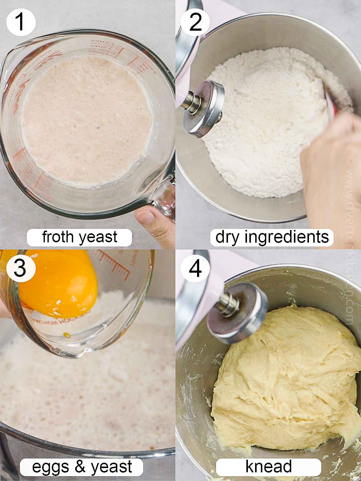 step by step process on how to make dough for sweet bread rolls