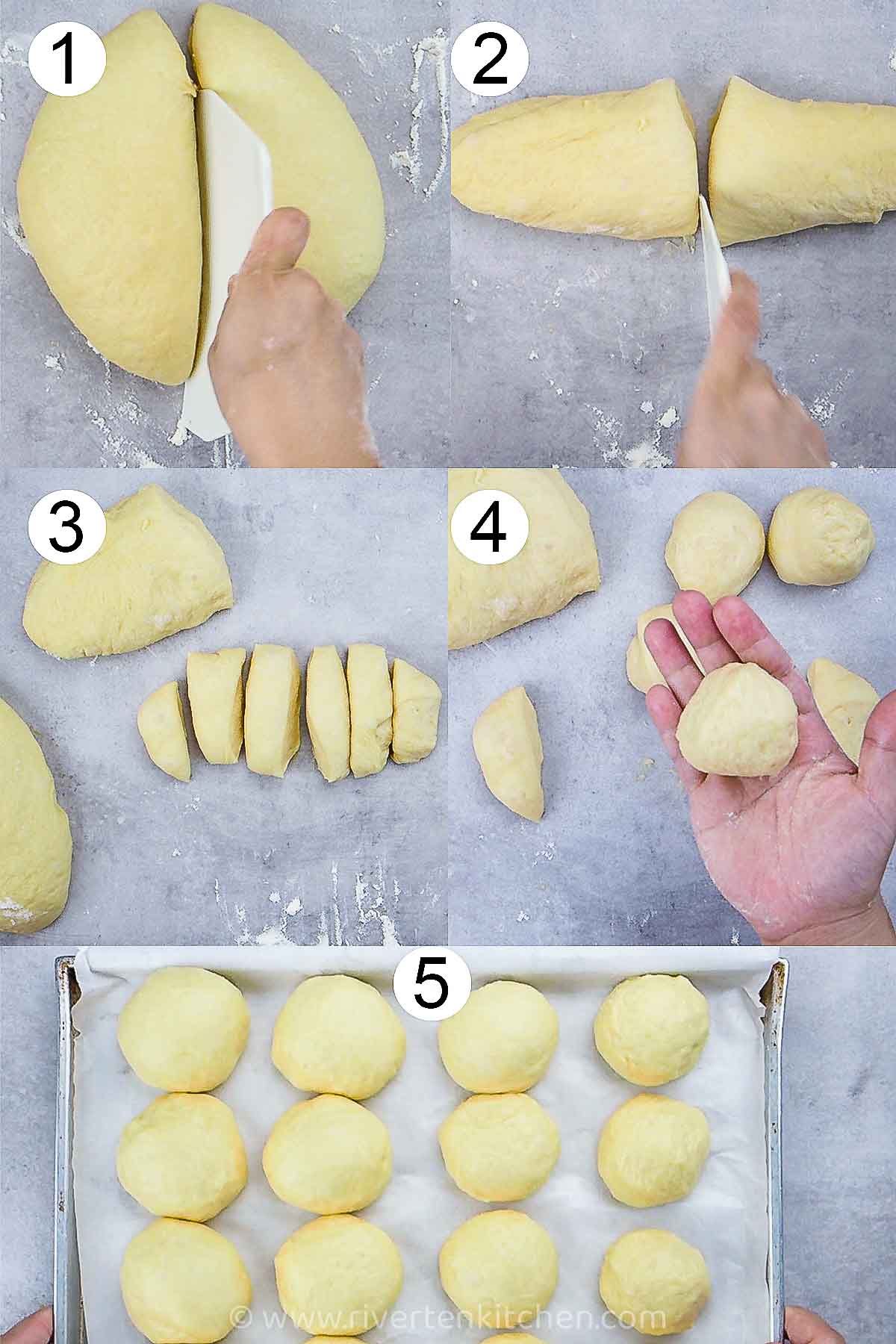 step-by-step photos on how shape dough for bread rolls