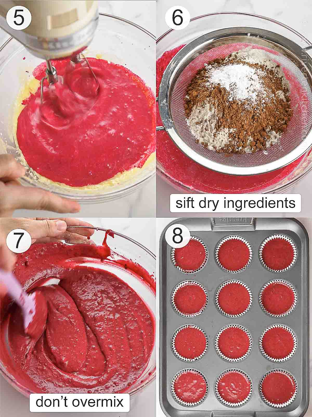 step by step process on how to make red velvet cupcakes