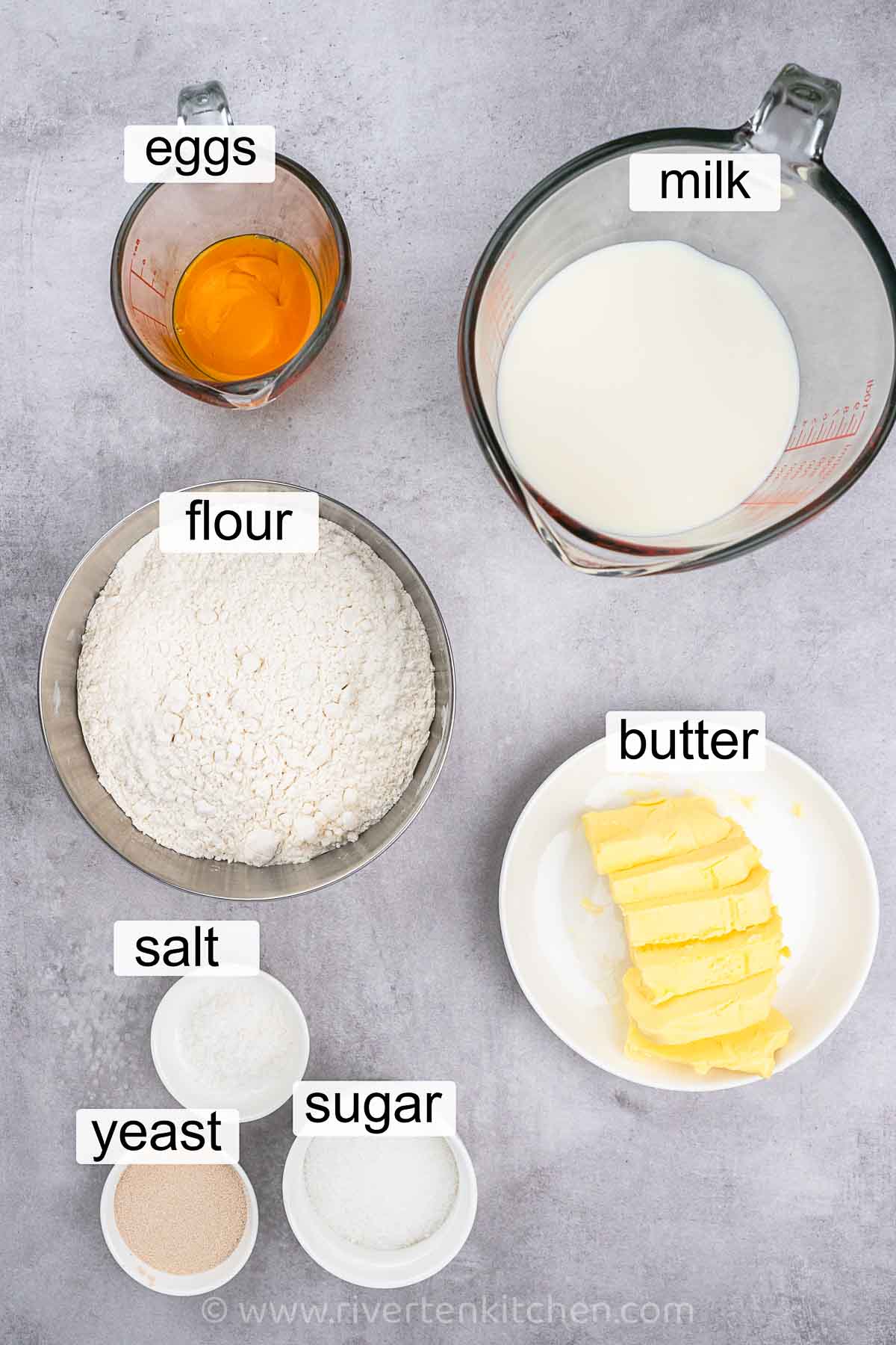 sweet bread ingredients: eggs, flour, yeast, butter, salt and sugar