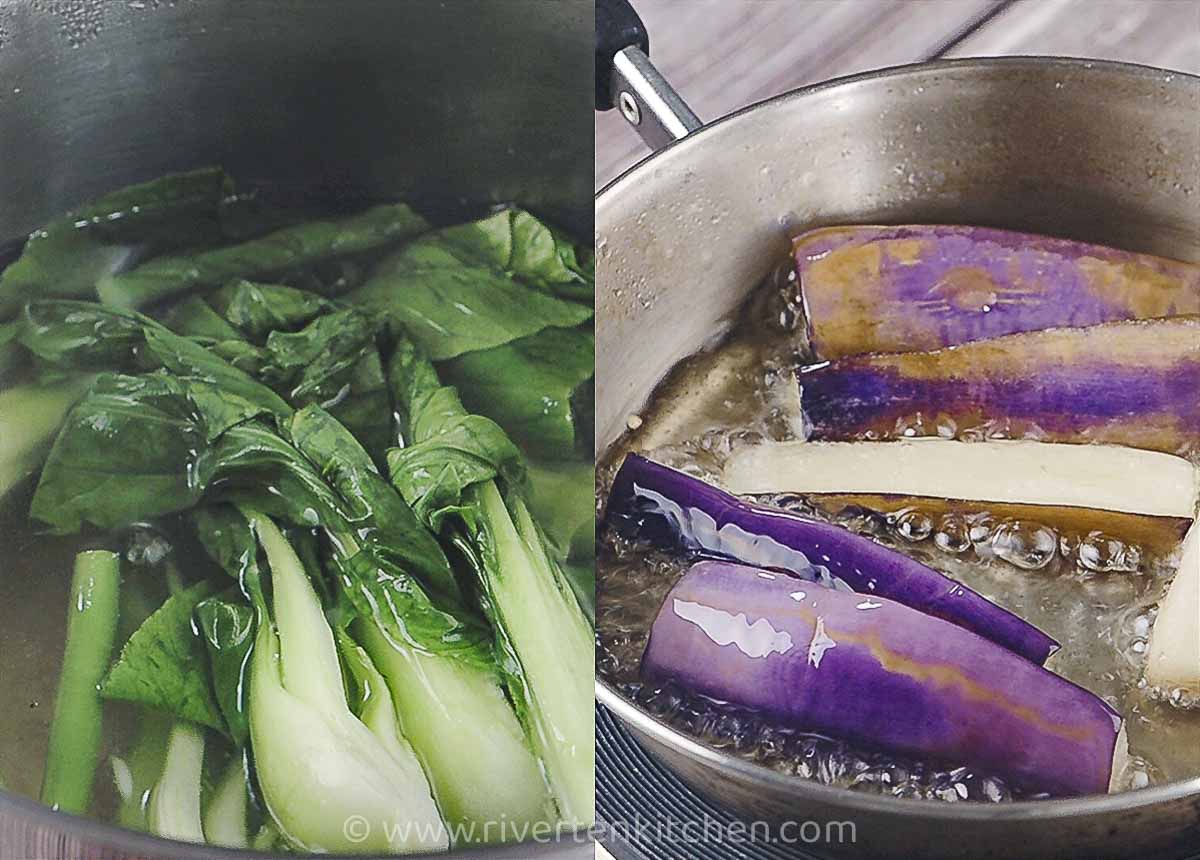 boiling vegetables, frying eggplant