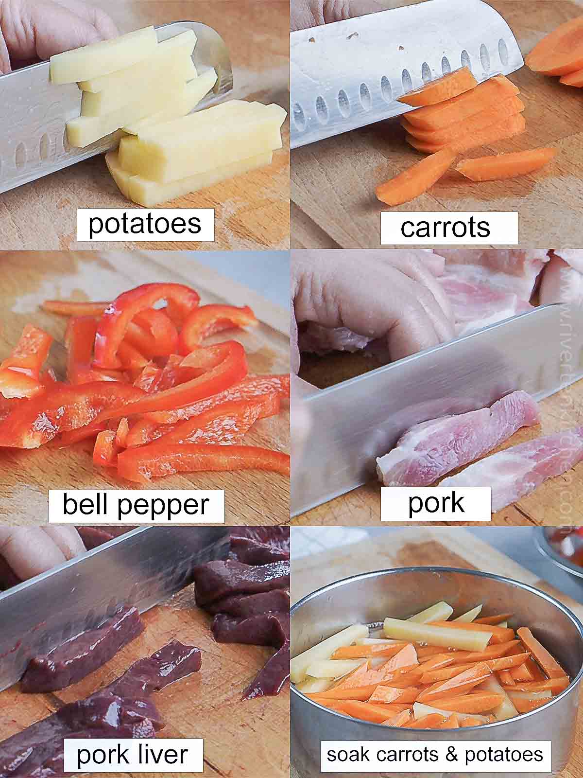 carrots, potatoes, bell pepper, pork and liver