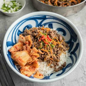 Beef bulgogi made with ground beef served with rice and kimchi