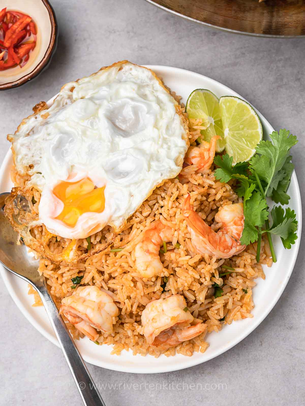 fried rice Thai style made with shrimp, eggs, and tom yum paste.
