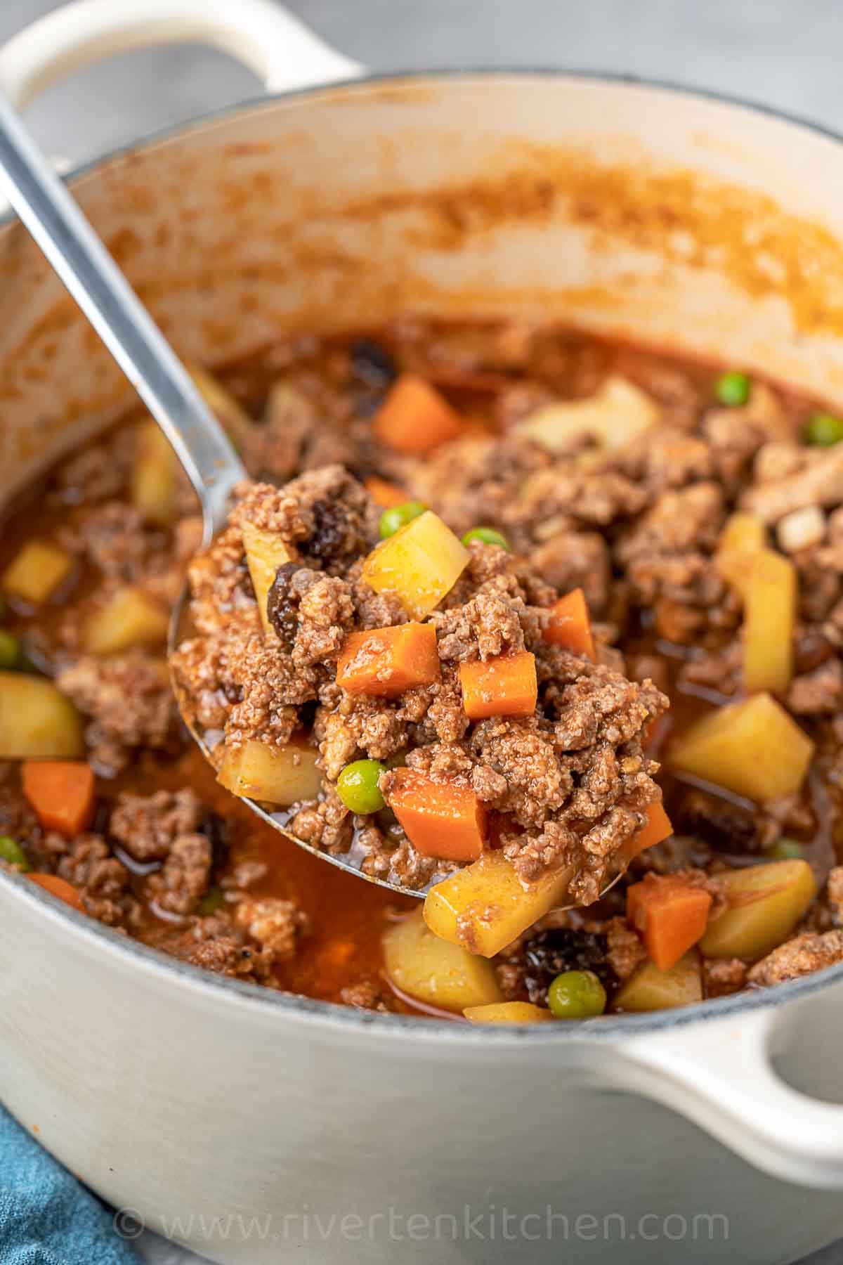 ground beef pork stew with carrots, potatoes, green peas, and raisins.