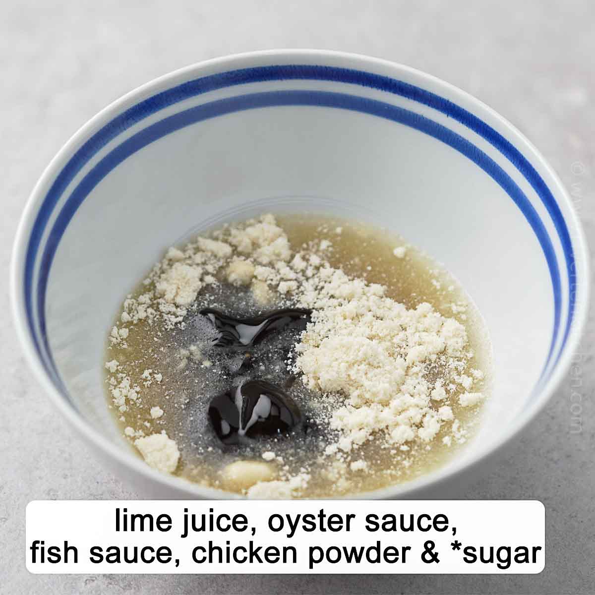 lime juice, oyster sauce, fish sauce, chicken powder and sugar.