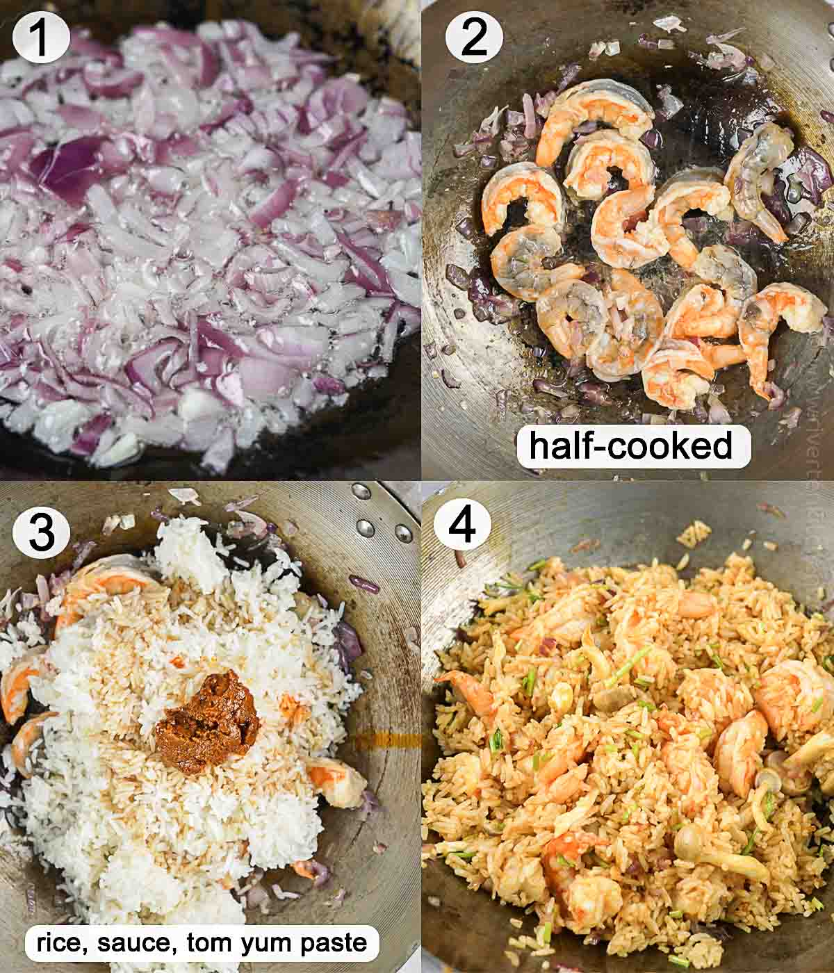 step-by-step process on how to cook shrimp fried rice Thai-style.