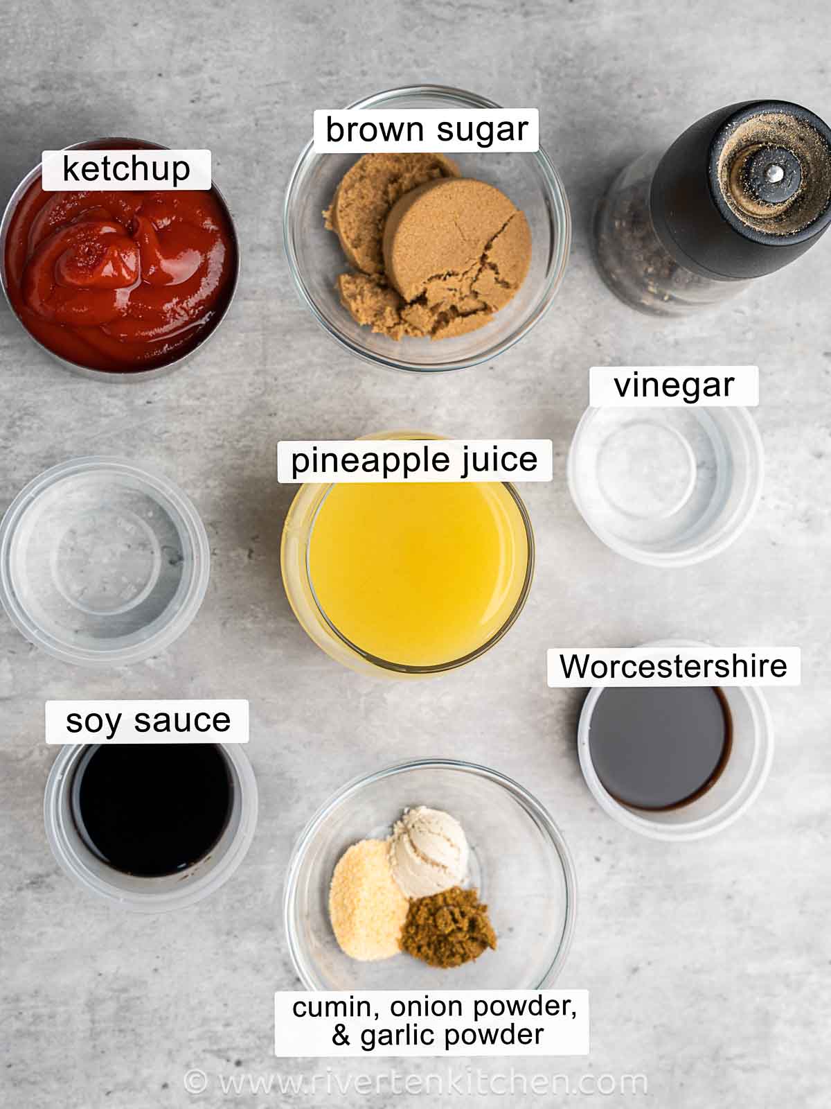 Ketchup, pineapple juice, soy sauce, Worcestershire sauce, cumin, onion powder, garlic powder, cumin, and vinegar.