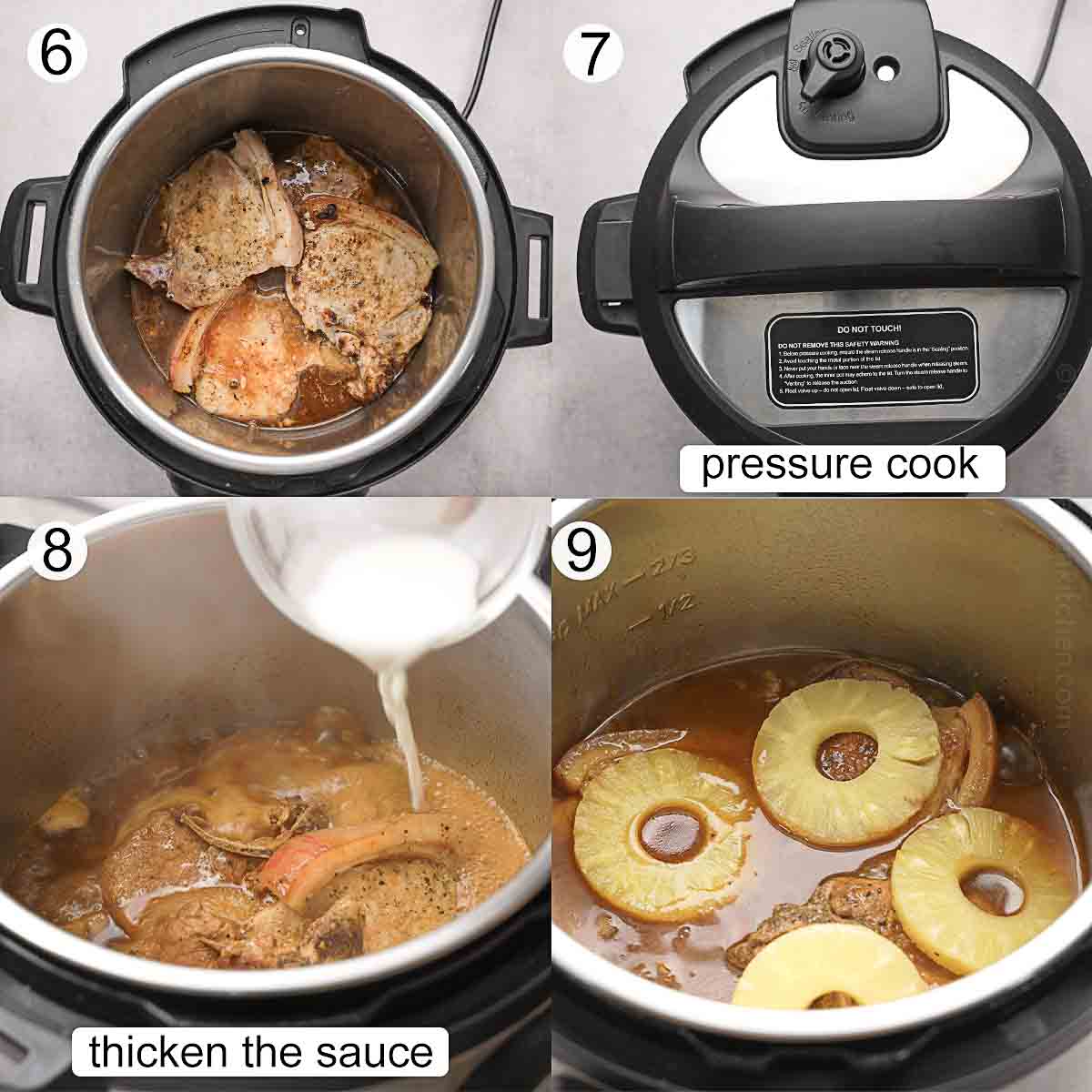 step-by-step process on how to cook pork chops and pineapples in an Instant pot pressure cooker.