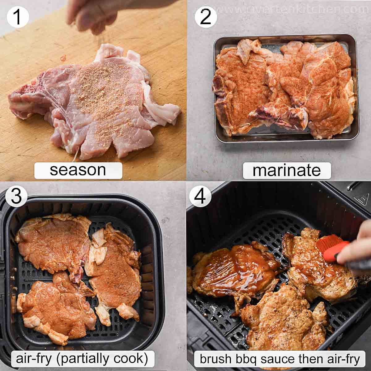 steps on how to prepare pork chops for air-frying - seasoning pork chops, marinate pork chops and air-frying.